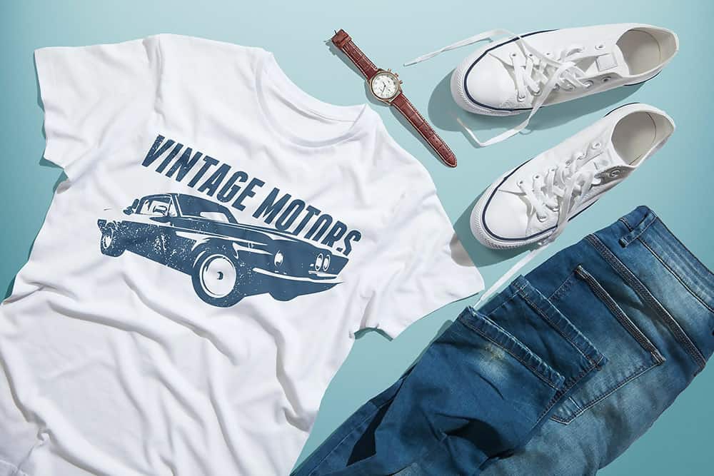 Men’s T-shirt Mockup Template With Shoes, Jeans & Wristwatch