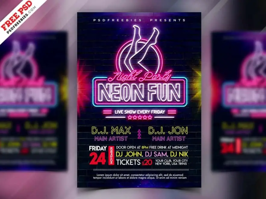 Neon Party Flyer Night PSD Template